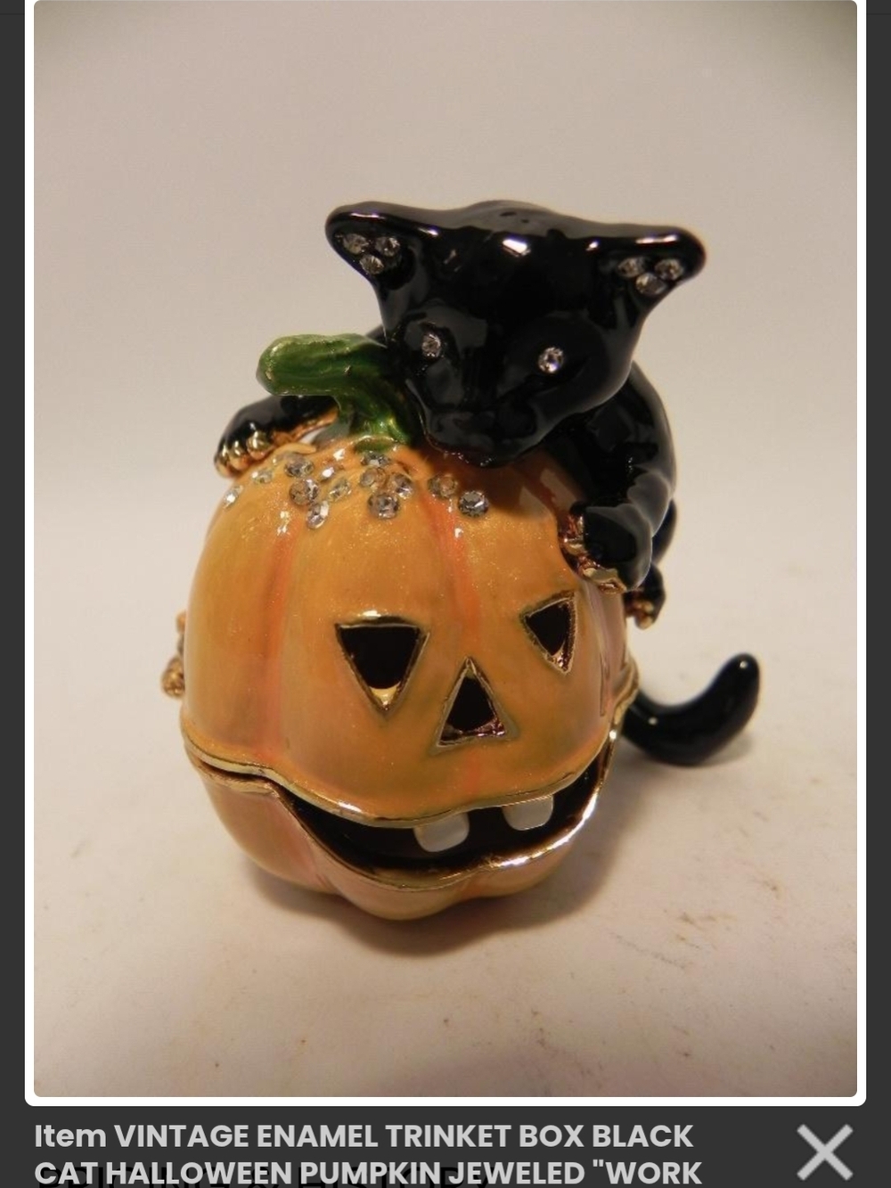 Black Cat on Orange Pumpkin Enamel Trinket Box - Decorative Jewelry Box